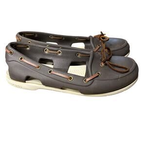 Crocs Women’s Size 7 Beach Line Boat shoes nautical loafer Brown Ivory